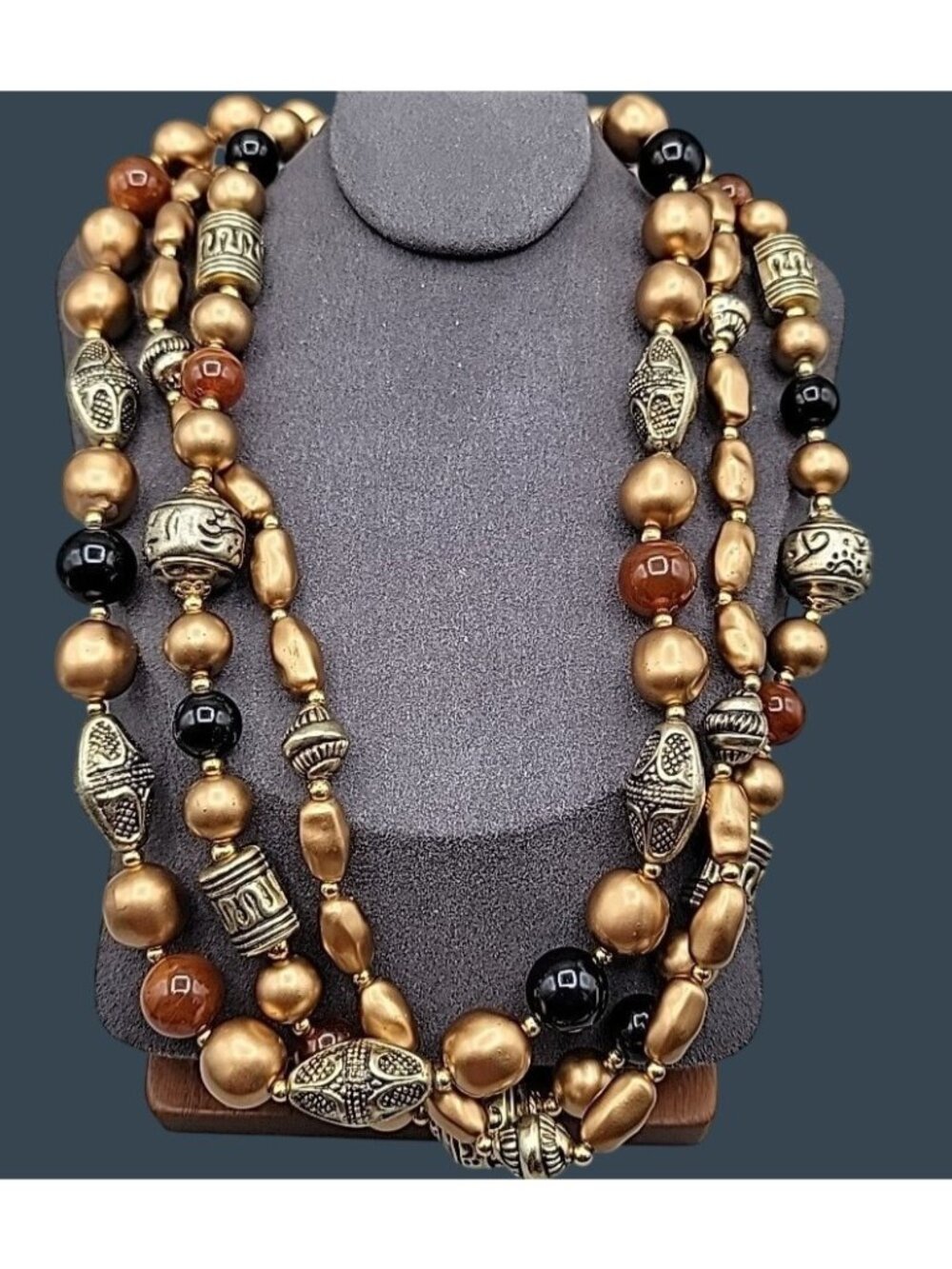 Vintage Multi-strand Gold Tone Black Orange Lucite Glass Bead Necklace 19" 1980s